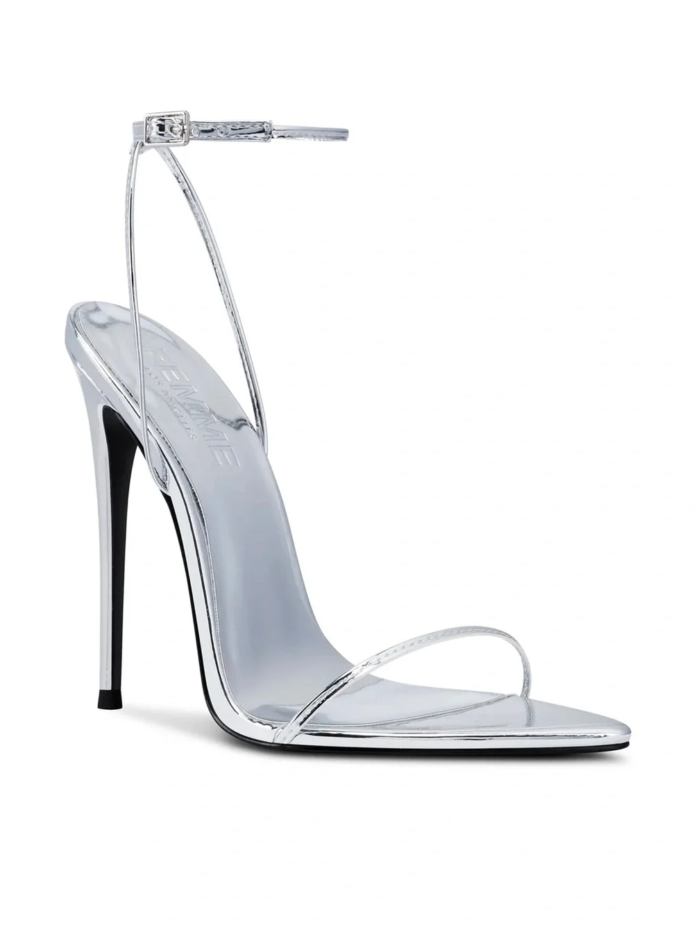 FEMME LA Silver Metallic Stiletto Ankle-Strap Sandal